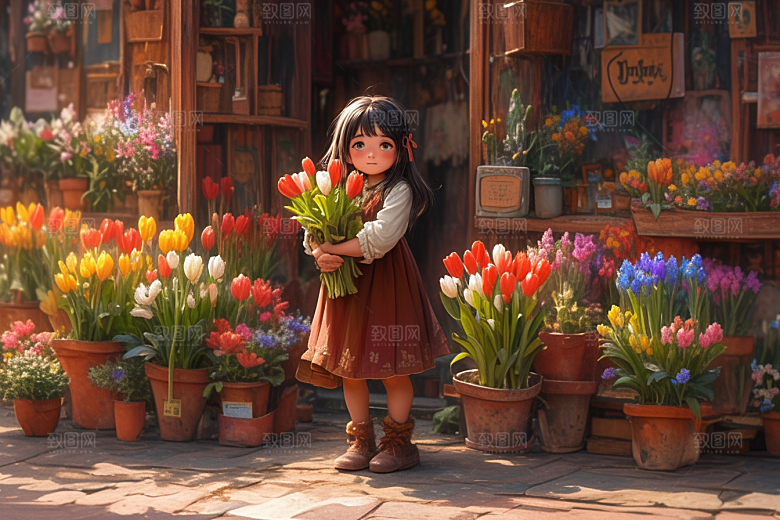 手捧鲜花的少女人物清新素材