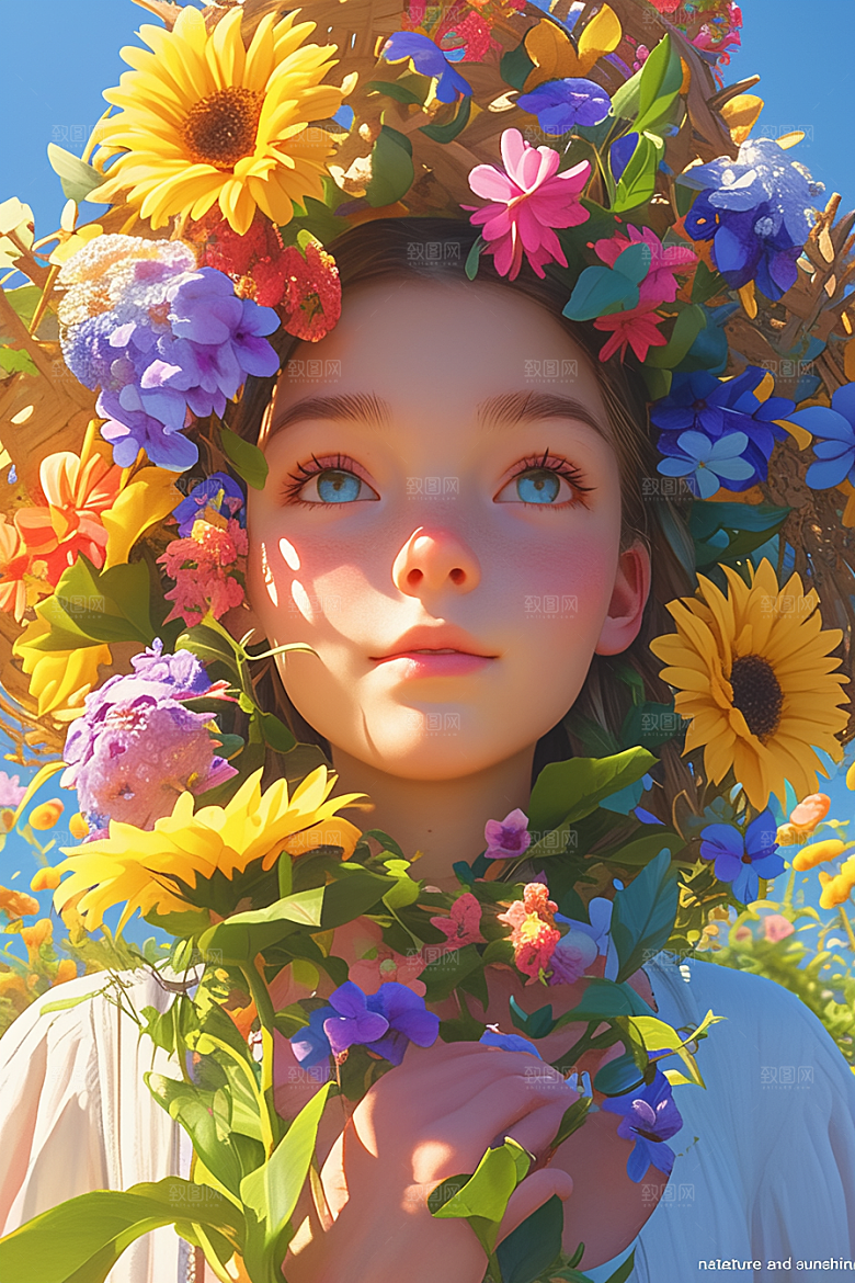 手捧鲜花的少女3D自然素材