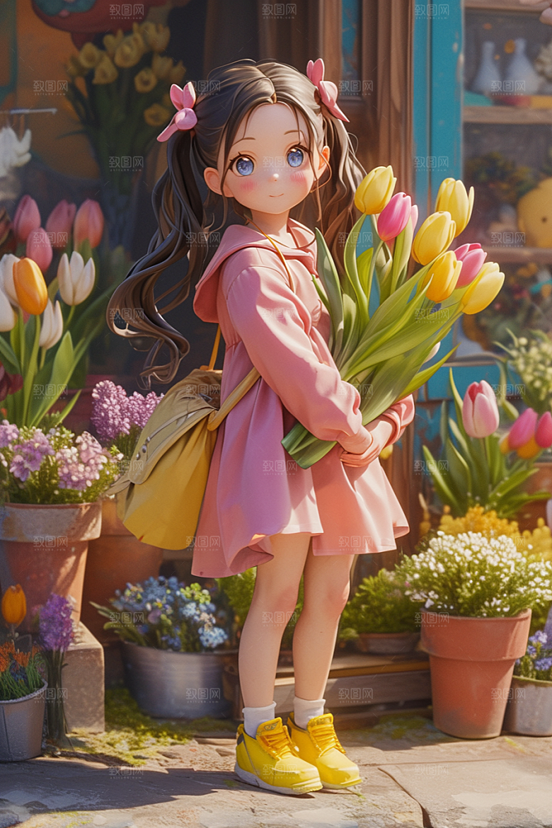 手捧鲜花的少女肖像人物素材