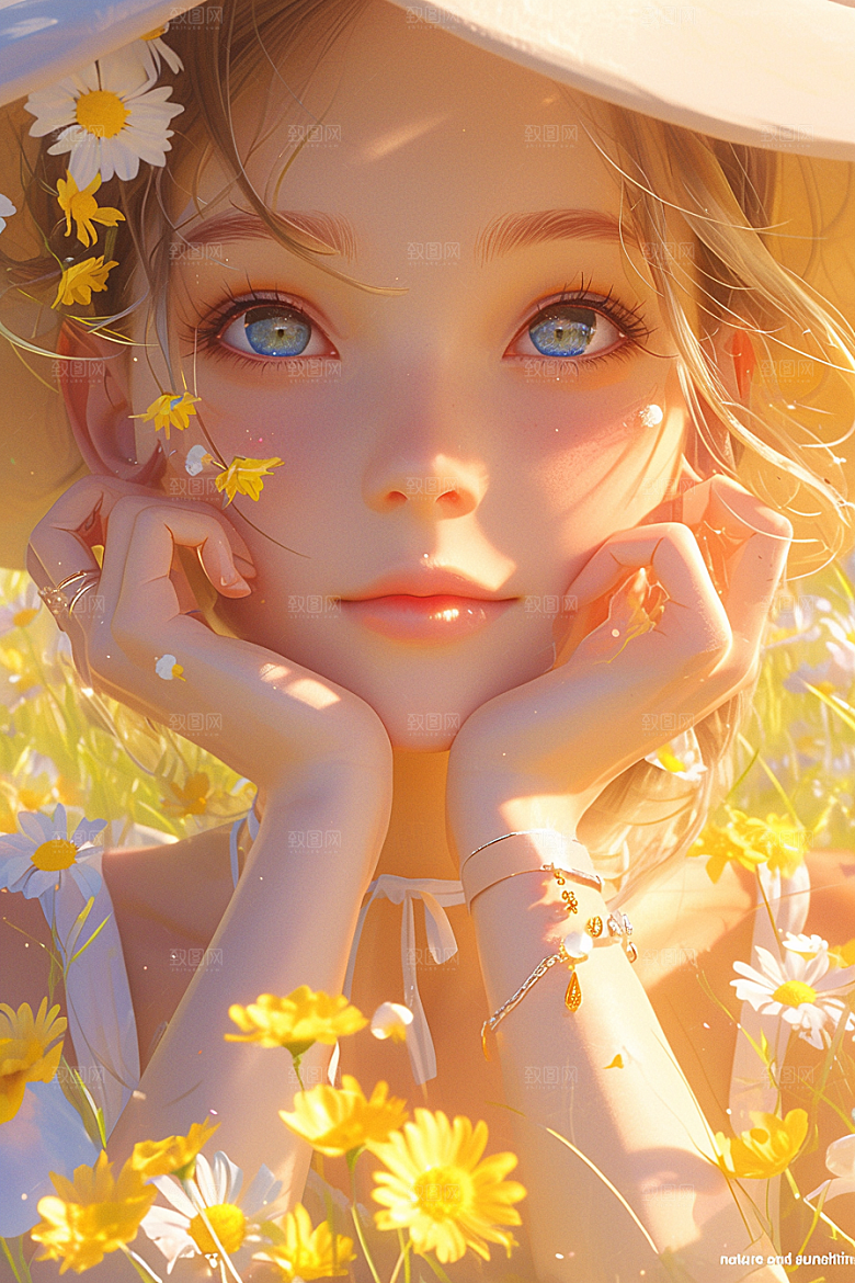 手捧鲜花的少女唯美清新素材