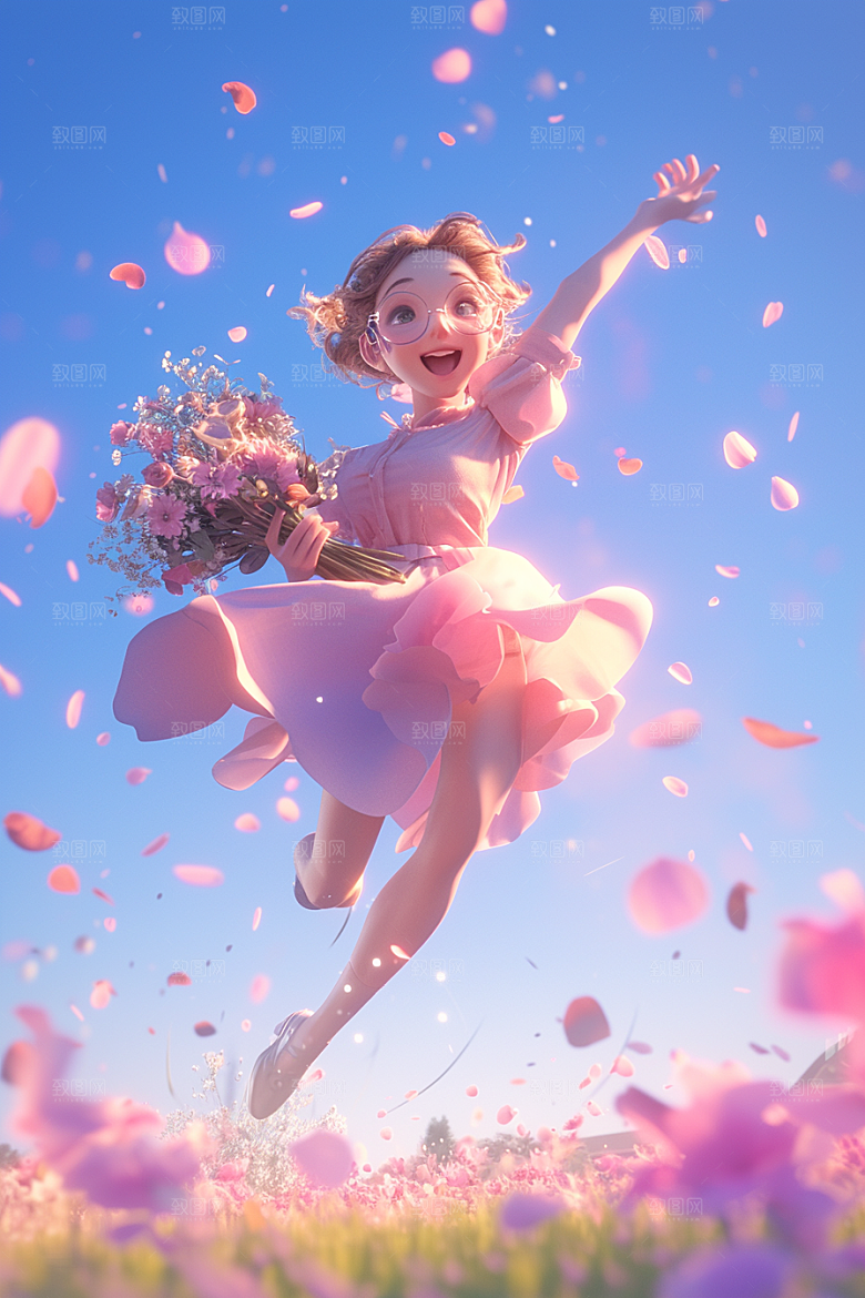 手捧鲜花的少女立体自然素材