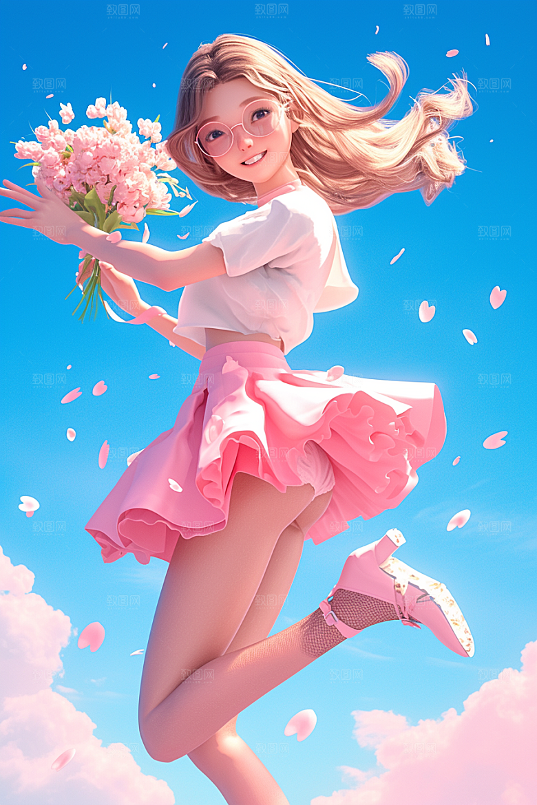 手捧鲜花的少女人物模型素材