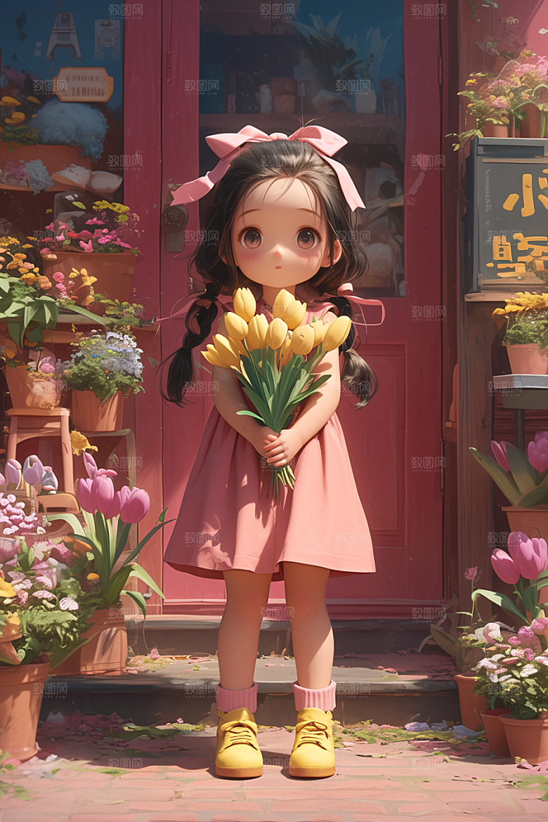 手捧鲜花的少女烂漫花朵素材