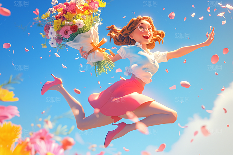 手捧鲜花的少女唯美梦幻素材