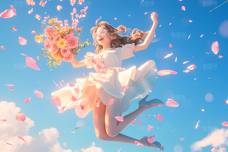 手捧鲜花的少女立体清新素材