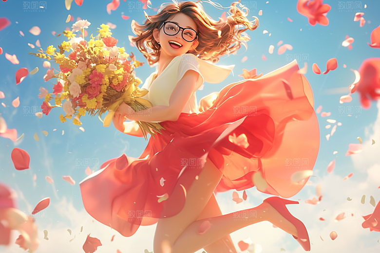 手捧鲜花的少女花朵梦幻素材