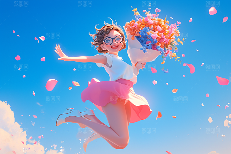 手捧鲜花的少女春天3D素材