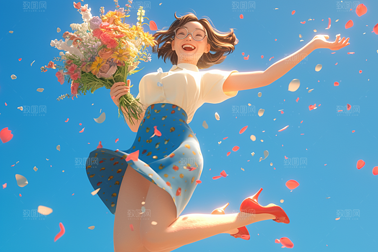 手捧鲜花的少女梦幻烂漫素材
