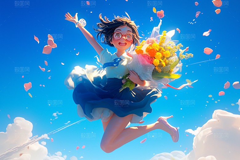 手捧鲜花的少女人物3D素材