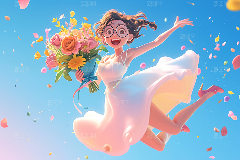 手捧鲜花的少女梦幻清新素材