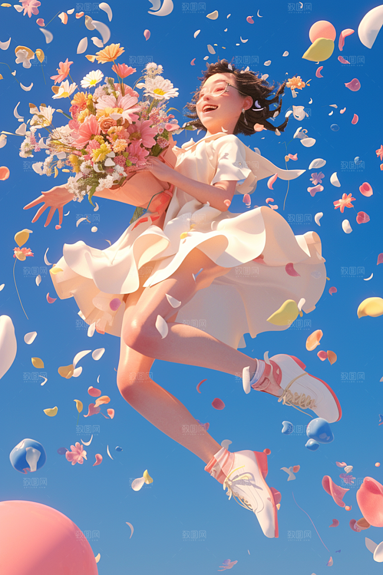 手捧鲜花的少女清新青春素材