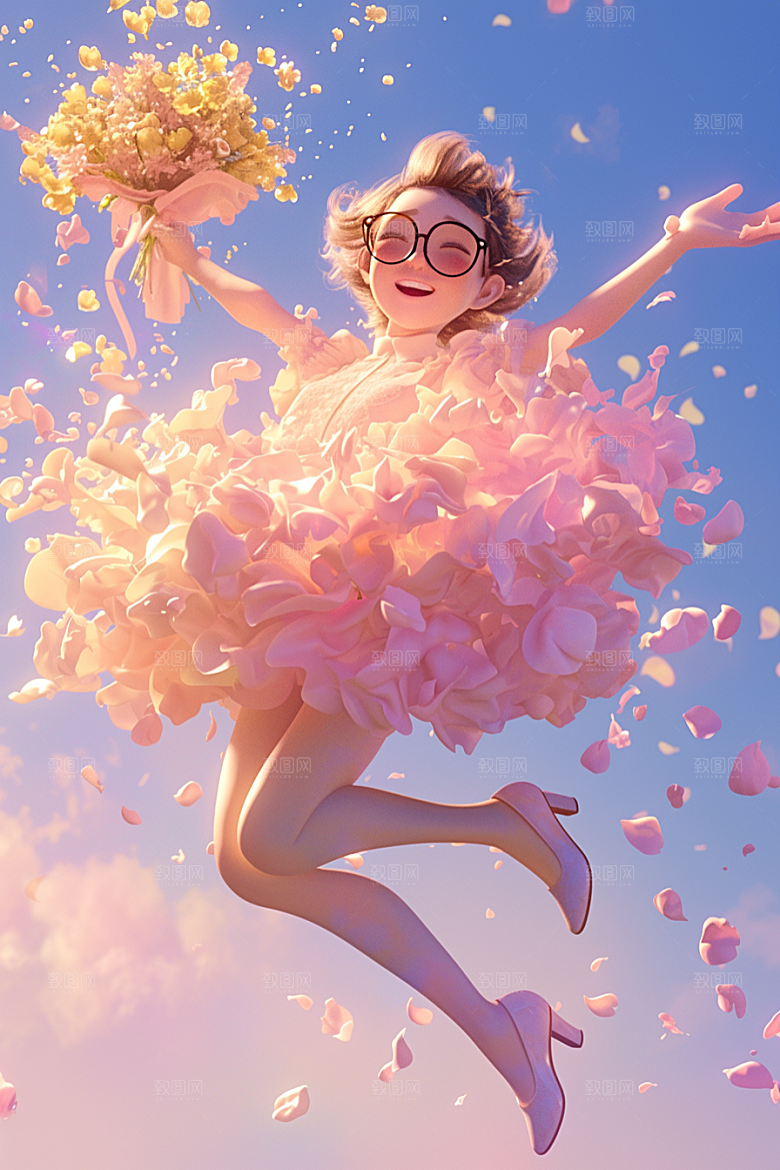 手捧鲜花的少女立体自然素材