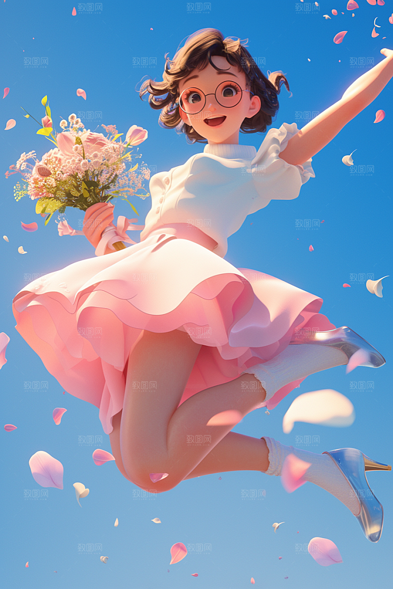 手捧鲜花的少女唯美3D素材
