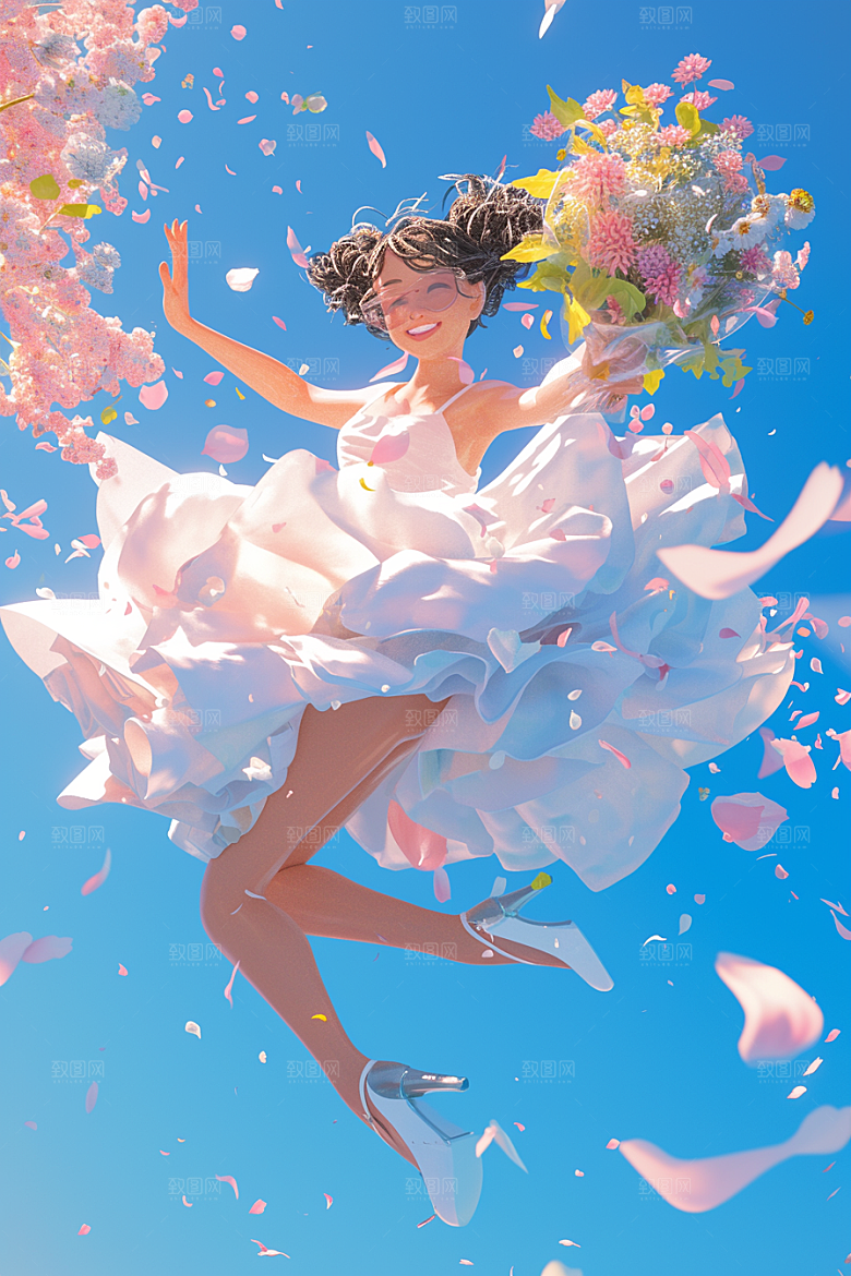 手捧鲜花的少女清新唯美素材