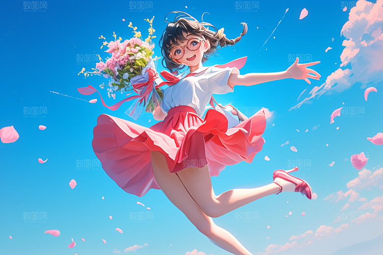 手捧鲜花的少女飞舞的裙摆梦幻素材