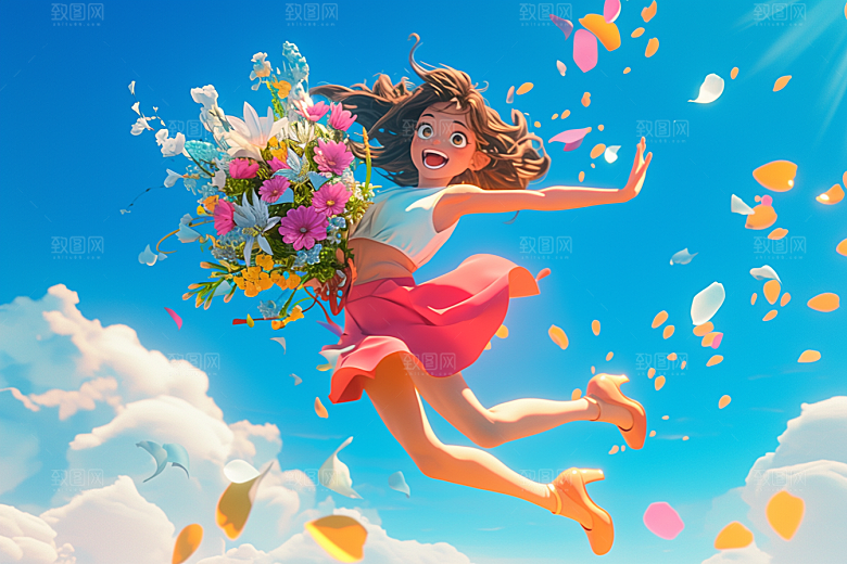 手捧鲜花的少女青春3D素材