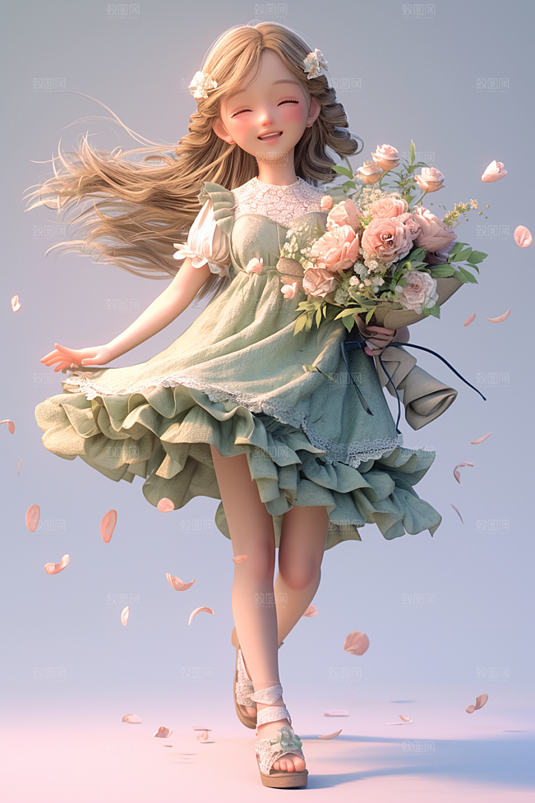 手捧鲜花的少女烂漫立体素材
