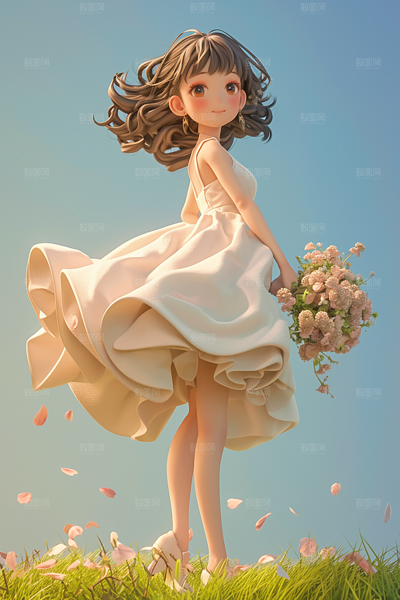 手捧鲜花的少女肖像人物素材