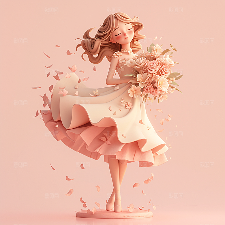 手捧鲜花的少女花朵立体素材