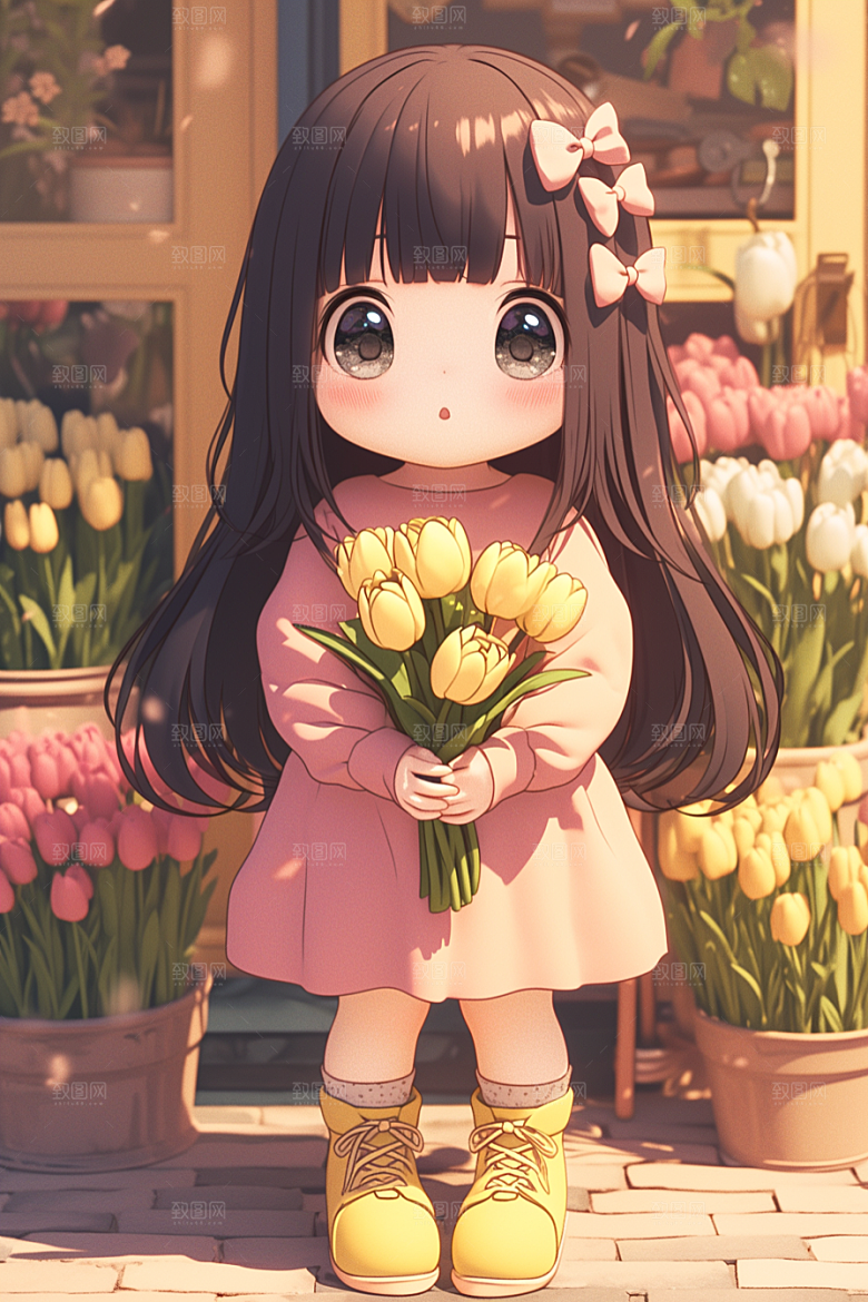 手捧鲜花的少女飞舞的裙摆3D素材
