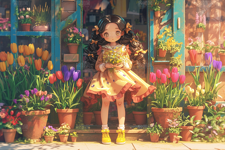 手捧鲜花的少女花朵3D素材