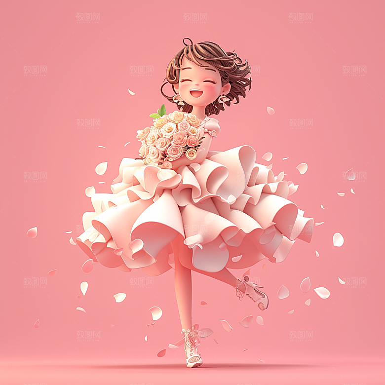 手捧鲜花的少女飞舞的裙摆梦幻素材