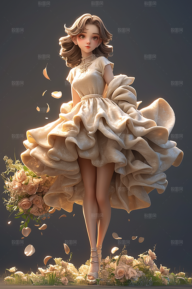 手捧鲜花的少女唯美3D素材