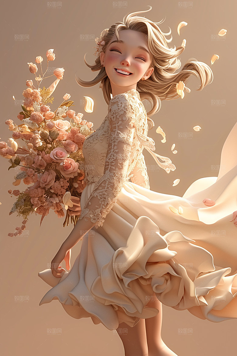 手捧鲜花的少女3D立体素材