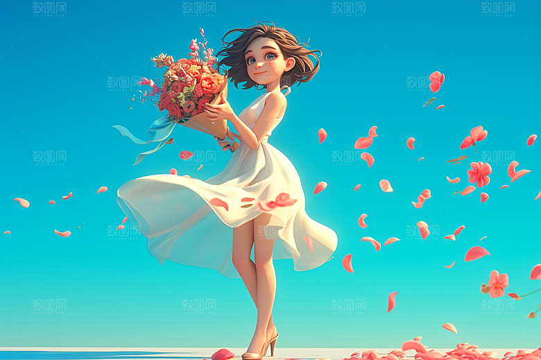 手捧鲜花的少女清新3D素材