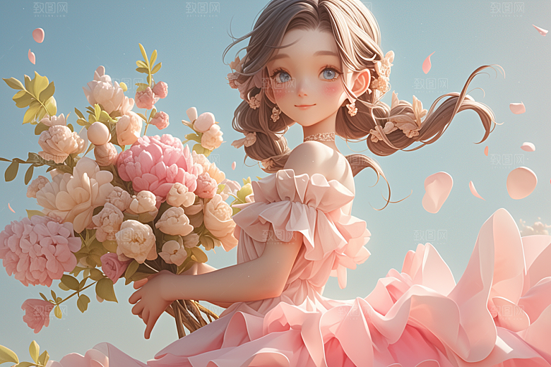 手捧鲜花的少女唯美自然素材