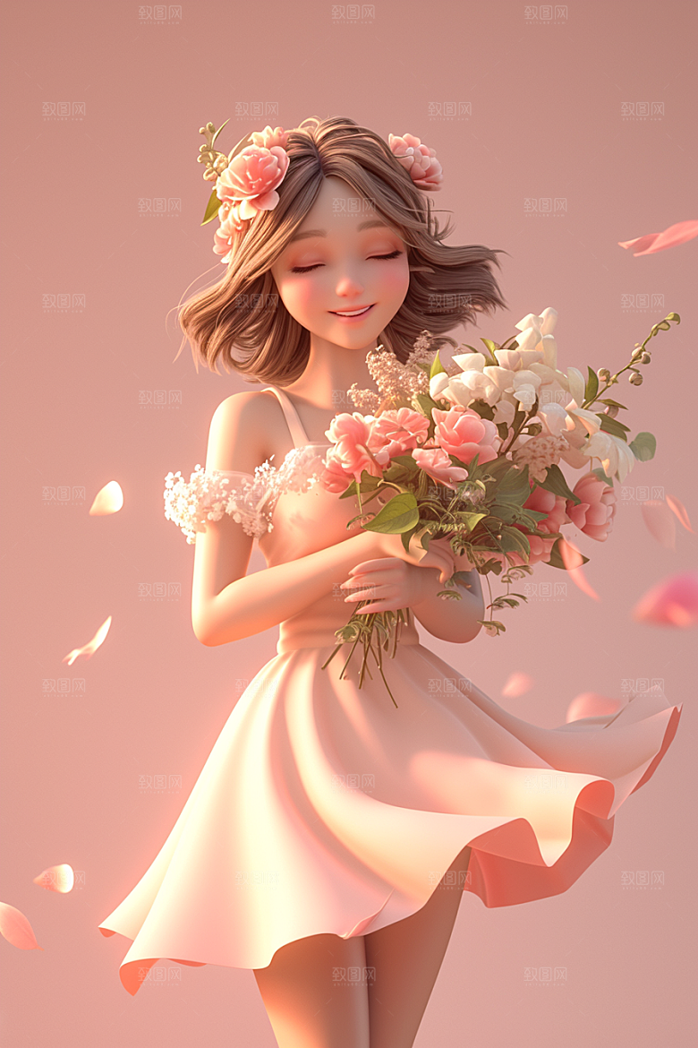 手捧鲜花的少女烂漫春天素材