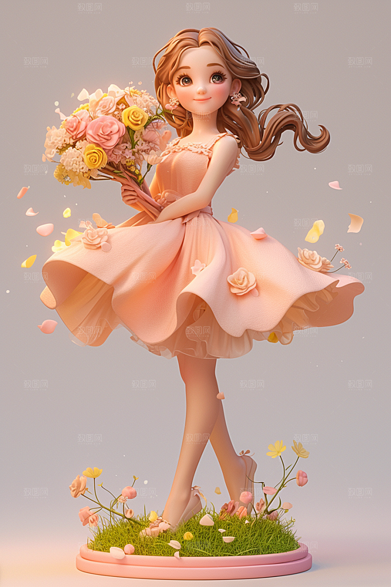 手捧鲜花的少女模型3D素材