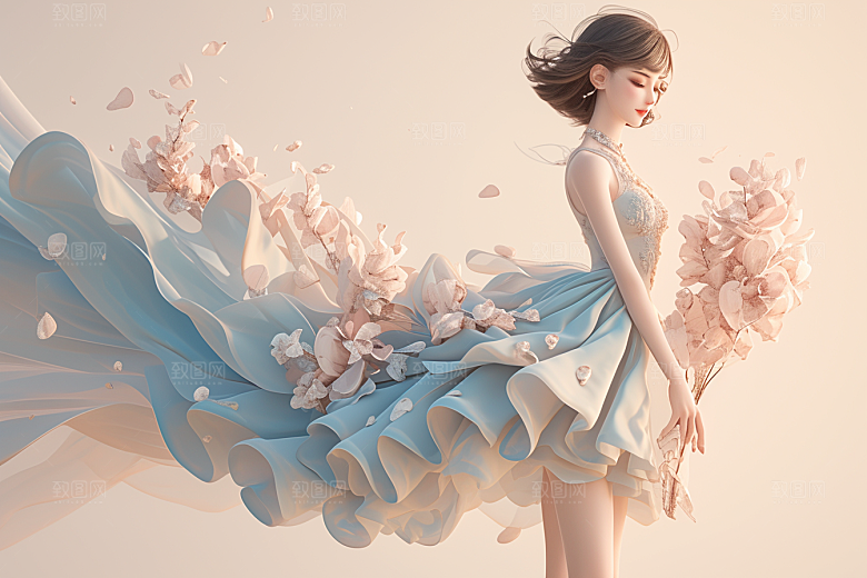 手捧鲜花的少女青春唯美素材