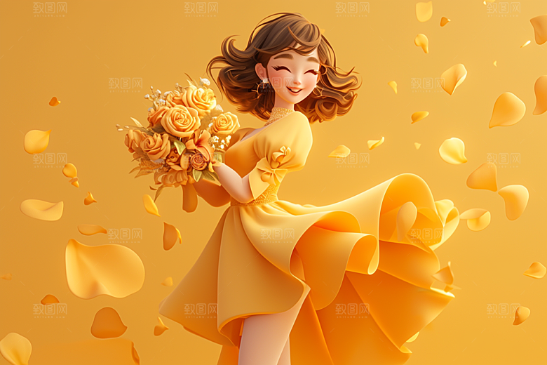 手捧鲜花的少女3D梦幻素材