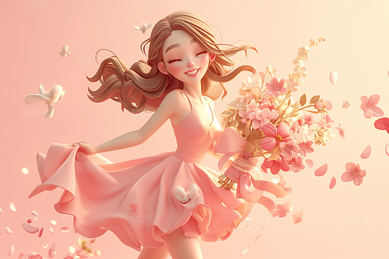 手捧鲜花的少女立体烂漫素材