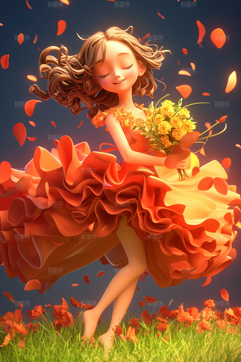 手捧鲜花的少女人物青春素材