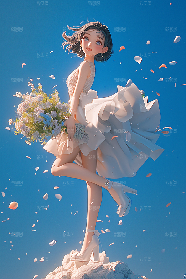 手捧鲜花的少女春天肖像素材