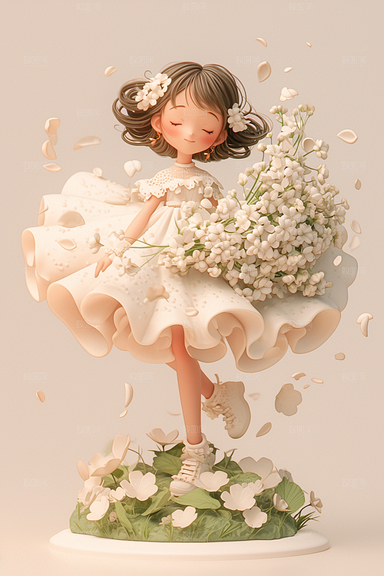 手捧鲜花的少女春天唯美素材