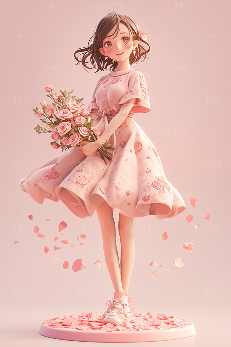 手捧鲜花的少女梦幻模型素材