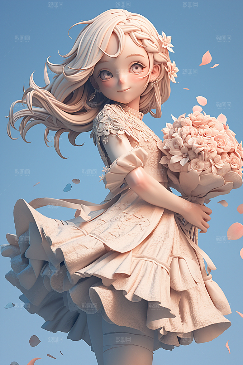 手捧鲜花的少女立体清新素材