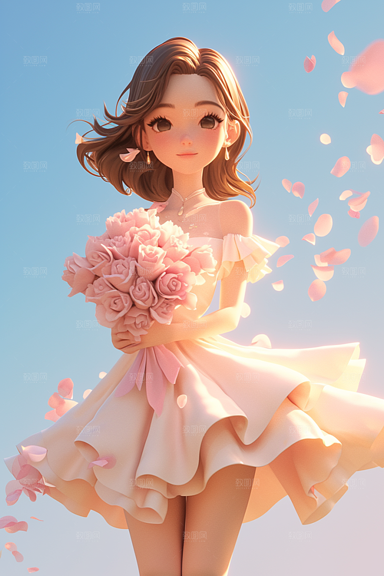 手捧鲜花的少女自然清新素材