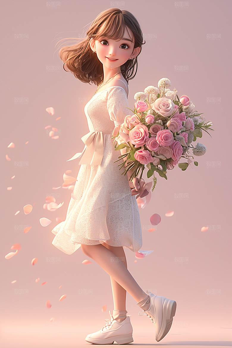 手捧鲜花的少女花朵春天素材