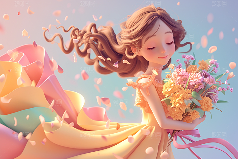 手捧鲜花的少女梦幻花朵素材