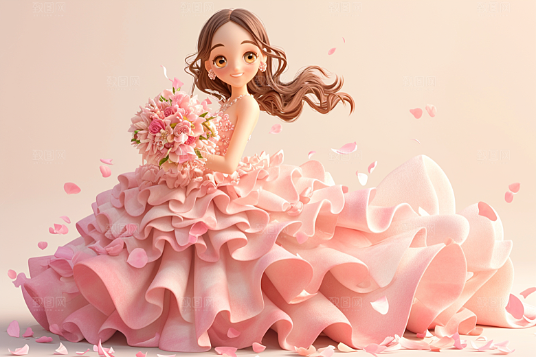 手捧鲜花的少女唯美3D素材