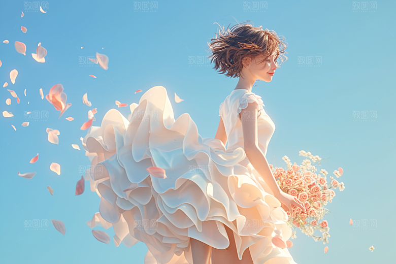 手捧鲜花的少女飞舞的裙摆立体素材