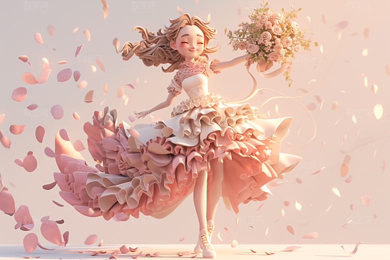 手捧鲜花的少女春天人物素材