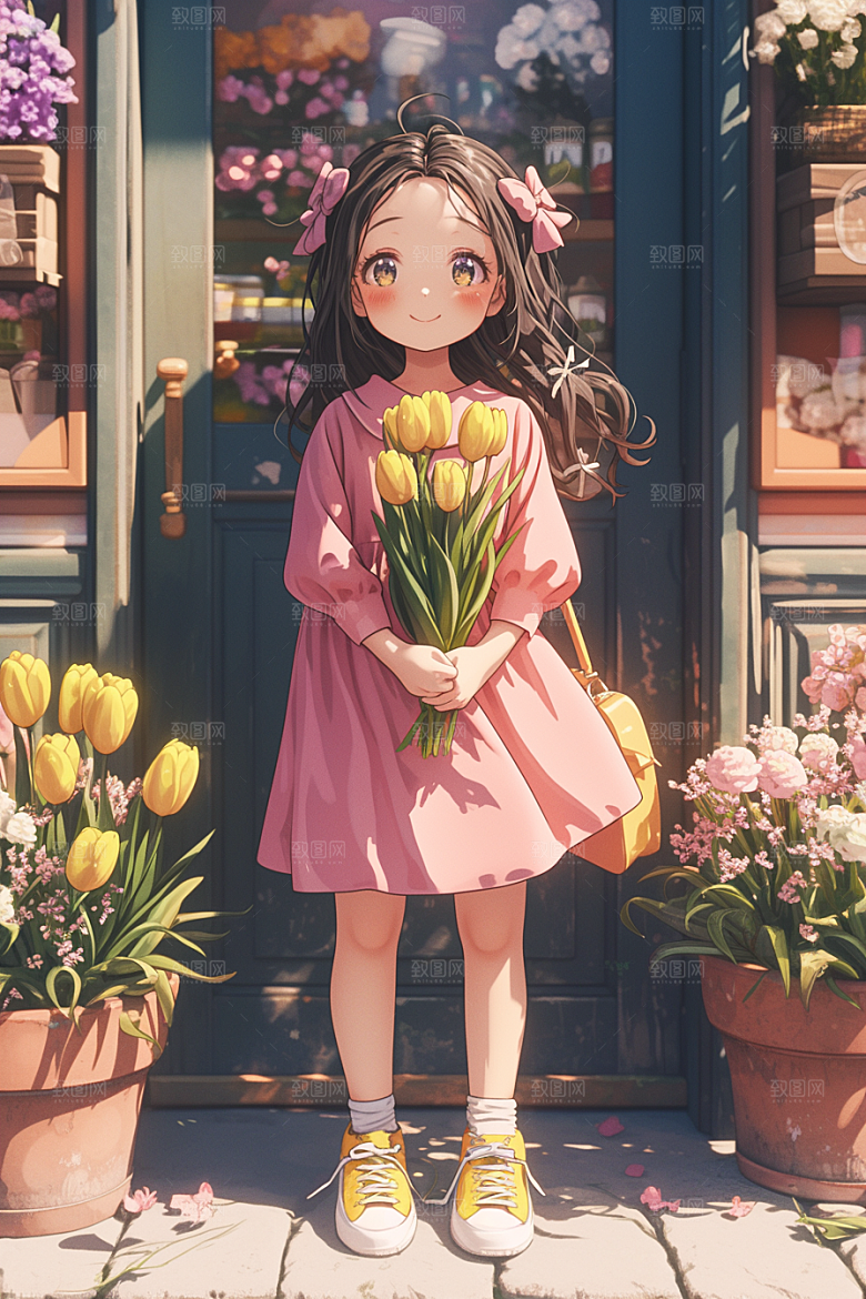 手捧鲜花的少女3D飞舞的裙摆素材