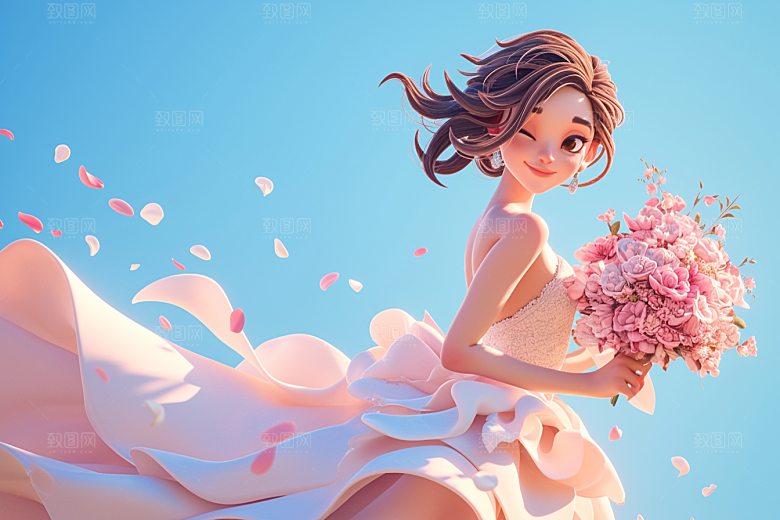 手捧鲜花的少女立体花朵素材