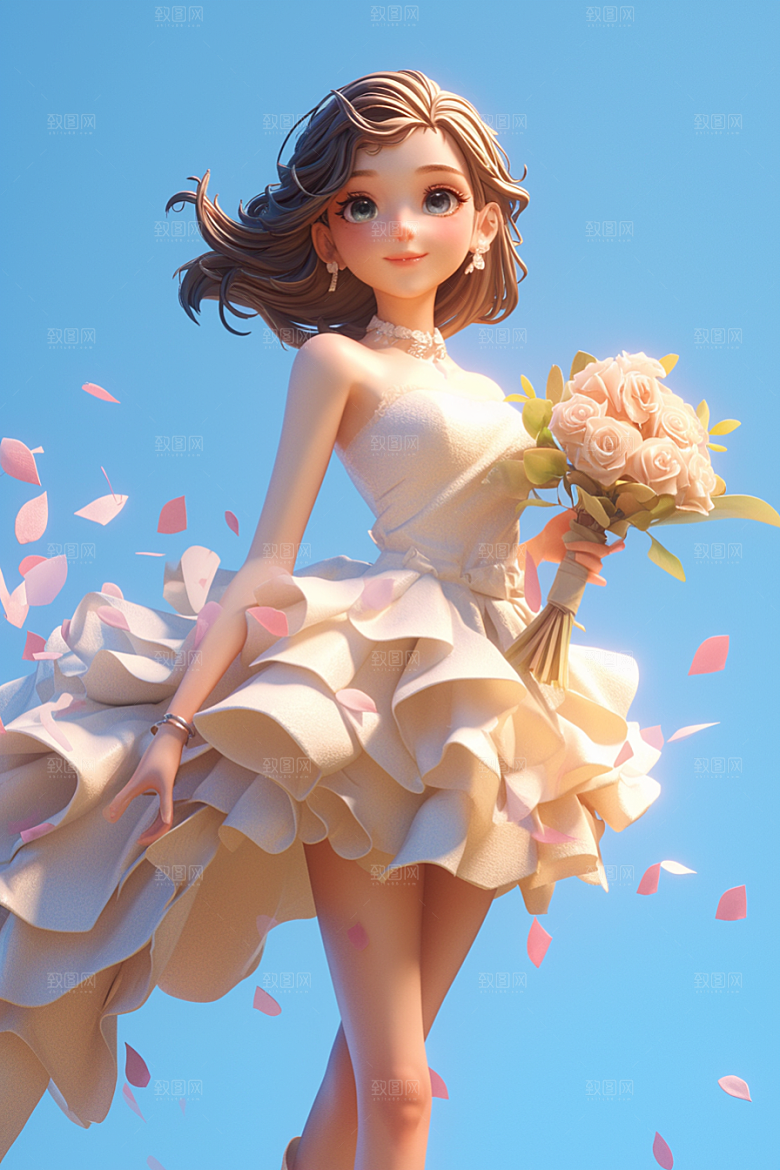 手捧鲜花的少女唯美立体素材