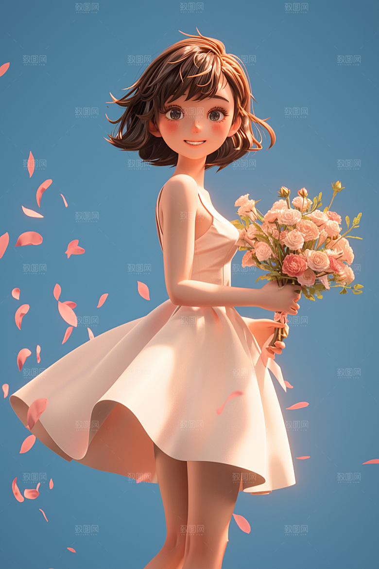 手捧鲜花的少女烂漫清新素材